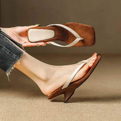 Women's suede-like square-toe wedge sandals with thong straps