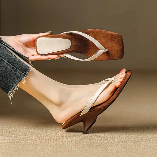 Women's suede-like square-toe wedge sandals with thong straps