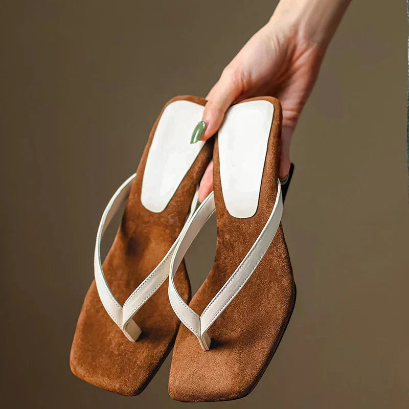 Women's suede-like square-toe wedge sandals with thong straps – Beige