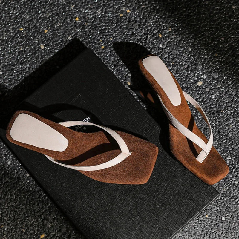 Women's suede-like square-toe wedge sandals with thong straps