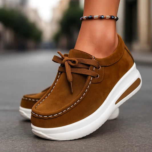 Women's suede platform lace-up sneakers with moc-toe stitching