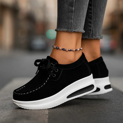 Women's suede platform lace-up sneakers with moc-toe stitching