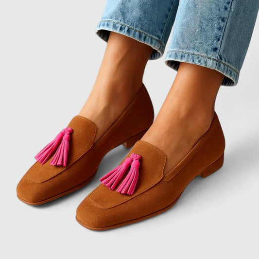 Women's suede slip-on loafers with moc-toe stitching and tassel – Brown