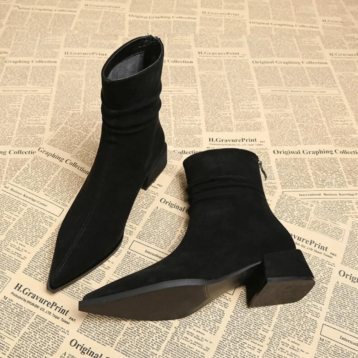 Women's suede slouchy ankle boot with pointed-toe and block-heel