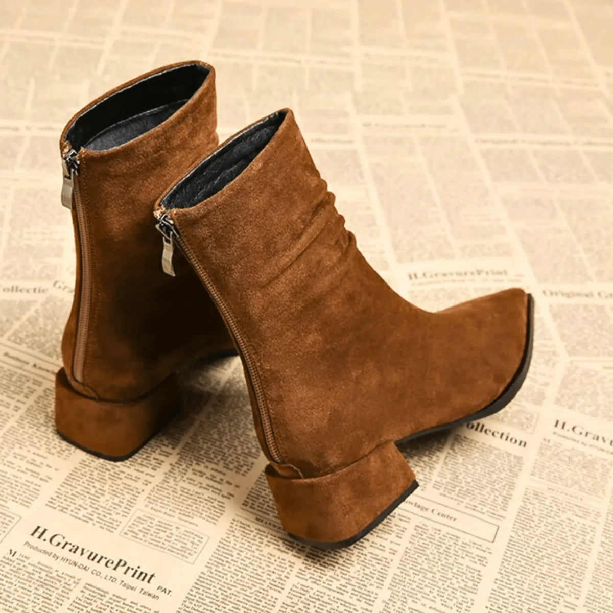 Women's suede slouchy ankle boot with pointed-toe and block-heel