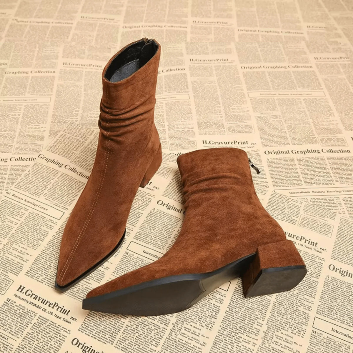Women's suede slouchy ankle boot with pointed-toe and block-heel