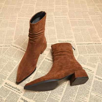 Women's suede slouchy ankle boot with pointed-toe and block-heel