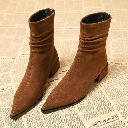 Women's suede slouchy ankle boot with pointed-toe and block-heel – Brown