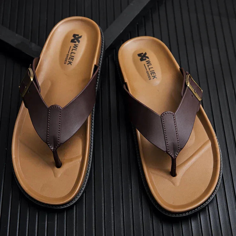 Women's vegan leather thong sandals with buckle detail