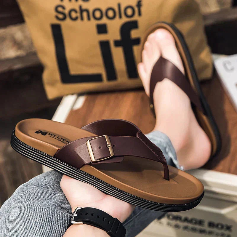 Women's vegan leather thong sandals with buckle detail