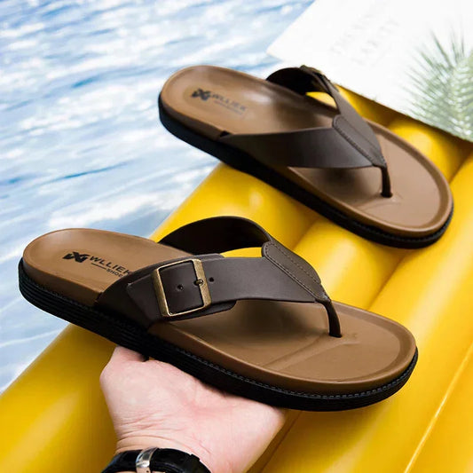Women's vegan leather thong sandals with buckle detail
