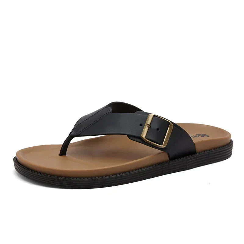Women's vegan leather thong sandals with buckle detail – Black