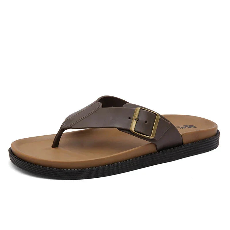 Women's vegan leather thong sandals with buckle detail – Brown