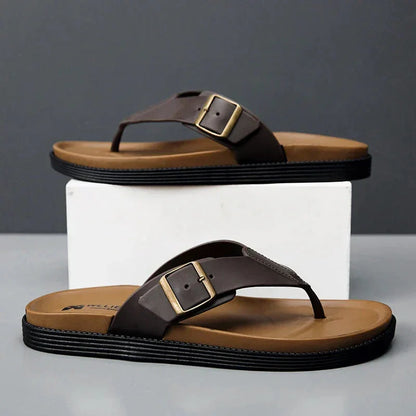 Women's vegan leather thong sandals with buckle detail
