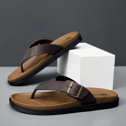 Women's vegan leather thong sandals with buckle detail