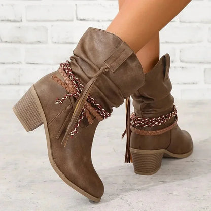 Women's western slouchy boots with braided tassels and stacked heel