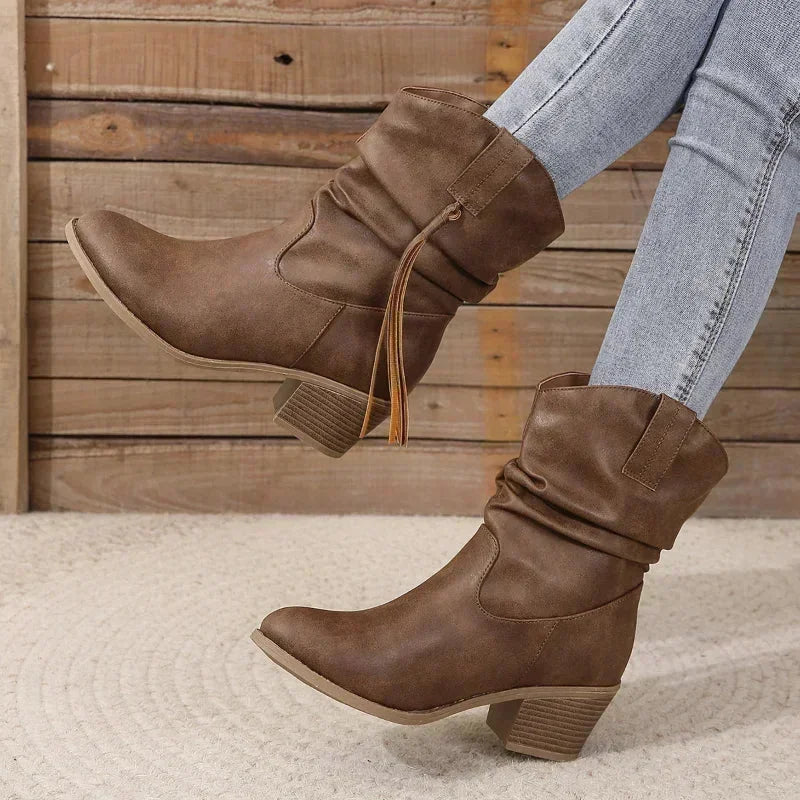 Women's western slouchy boots with braided tassels and stacked heel