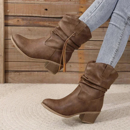 Women's western slouchy boots with braided tassels and stacked heel