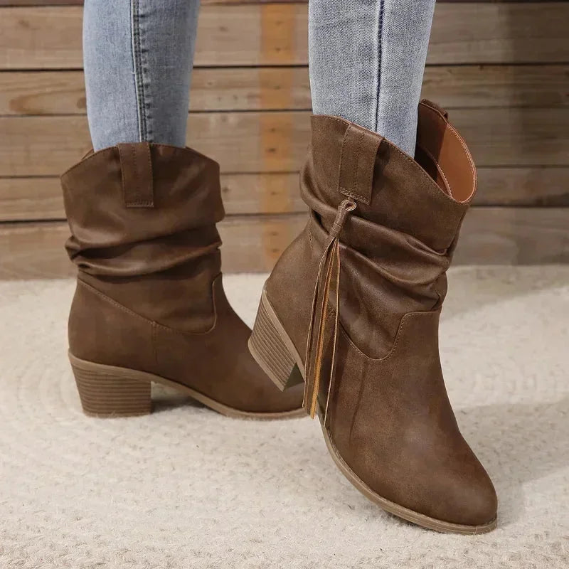 Women's western slouchy boots with braided tassels and stacked heel