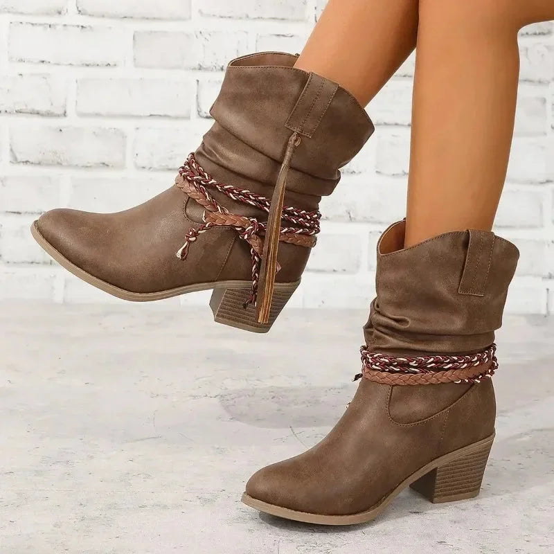 Women's western slouchy boots with braided tassels and stacked heel