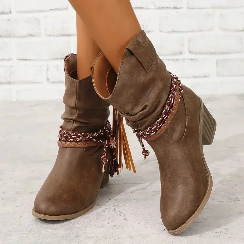 Women's western slouchy boots with braided tassels and stacked heel – Dark Brown A