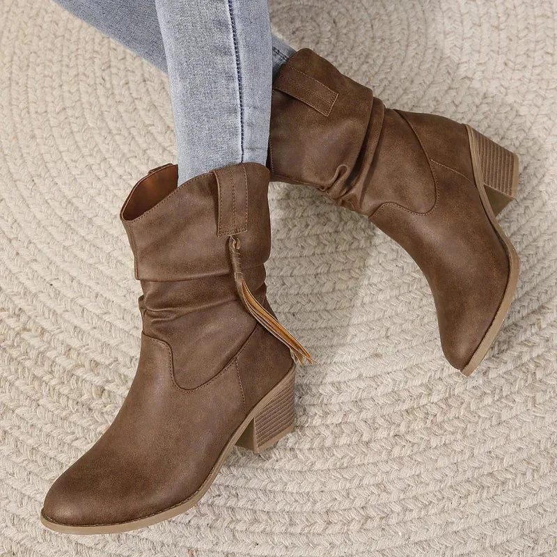 Women's western slouchy boots with braided tassels and stacked heel – Dark Brown B