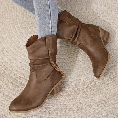 Women's western slouchy boots with braided tassels and stacked heel – Dark Brown B