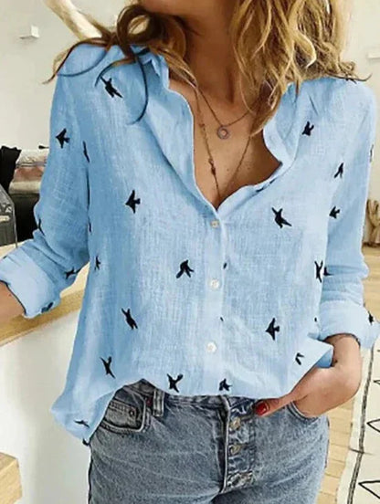 Women's button-down long-sleeve blouse with textured fabric – Light Blue Dots