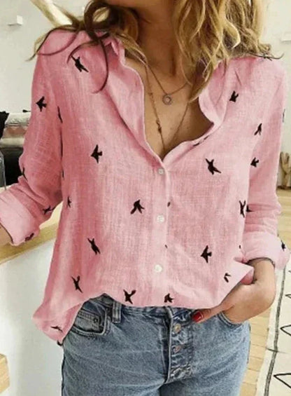 Women's button-down long-sleeve blouse with textured fabric – Pink Dots