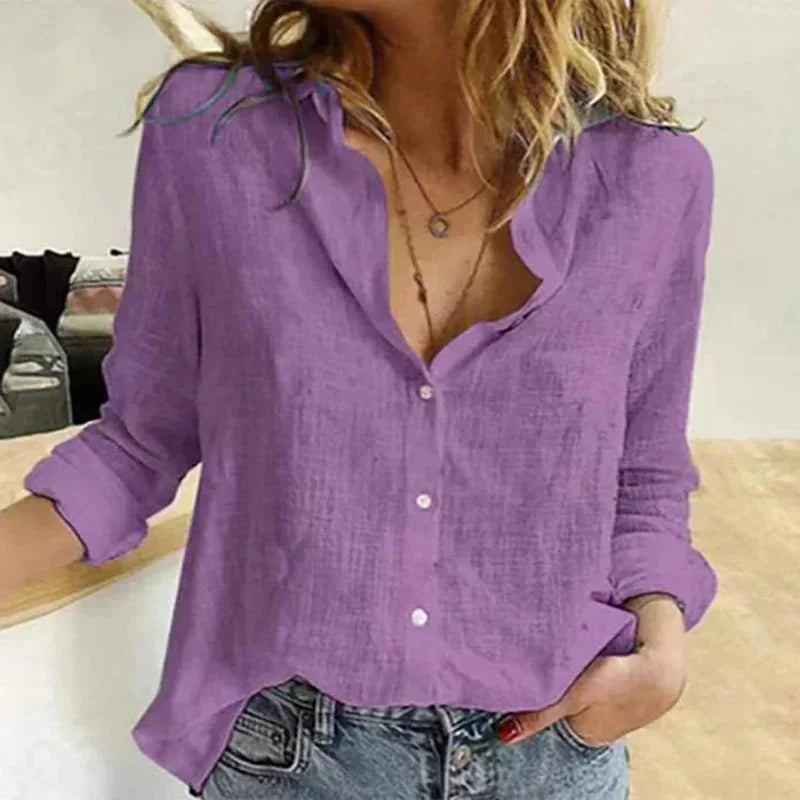 Women's button-down long-sleeve blouse with textured fabric – Purple