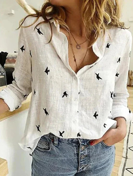 Women's button-down long-sleeve blouse with textured fabric – White Dots