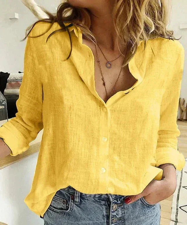 Women's button-down long-sleeve blouse with textured fabric – Yellow
