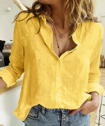 Women's button-down long-sleeve blouse with textured fabric – Yellow