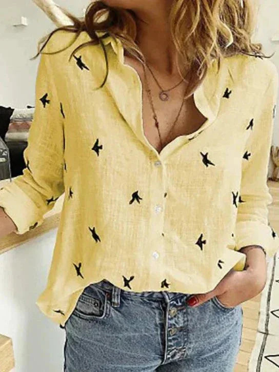 Women's button-down long-sleeve blouse with textured fabric – Yellow Dots