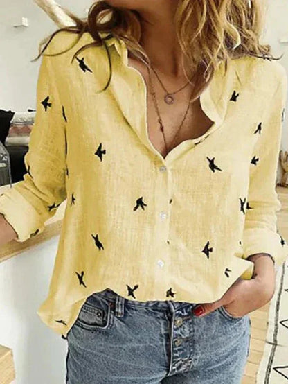 Women's button-down long-sleeve blouse with textured fabric – Yellow Dots