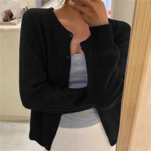 Women's button front cardigan cropped relaxed fit – Black