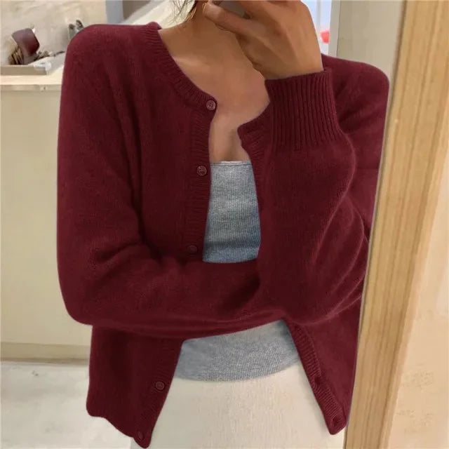 Women's button front cardigan cropped relaxed fit – Burgundy