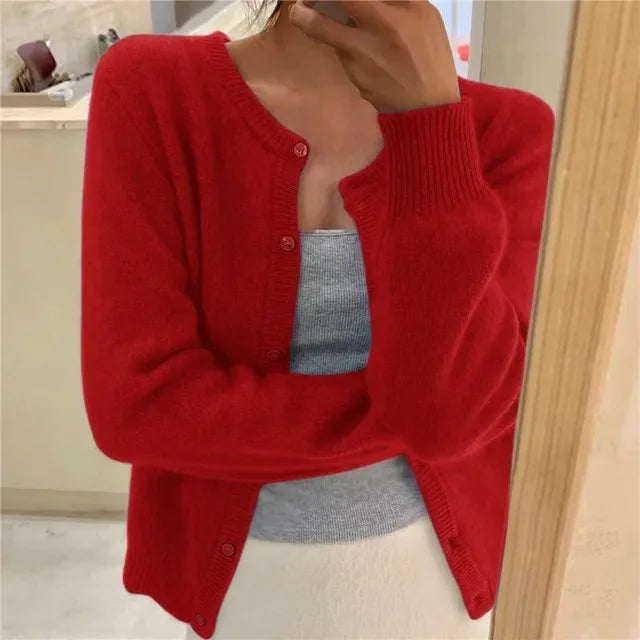 Women's button front cardigan cropped relaxed fit – Red