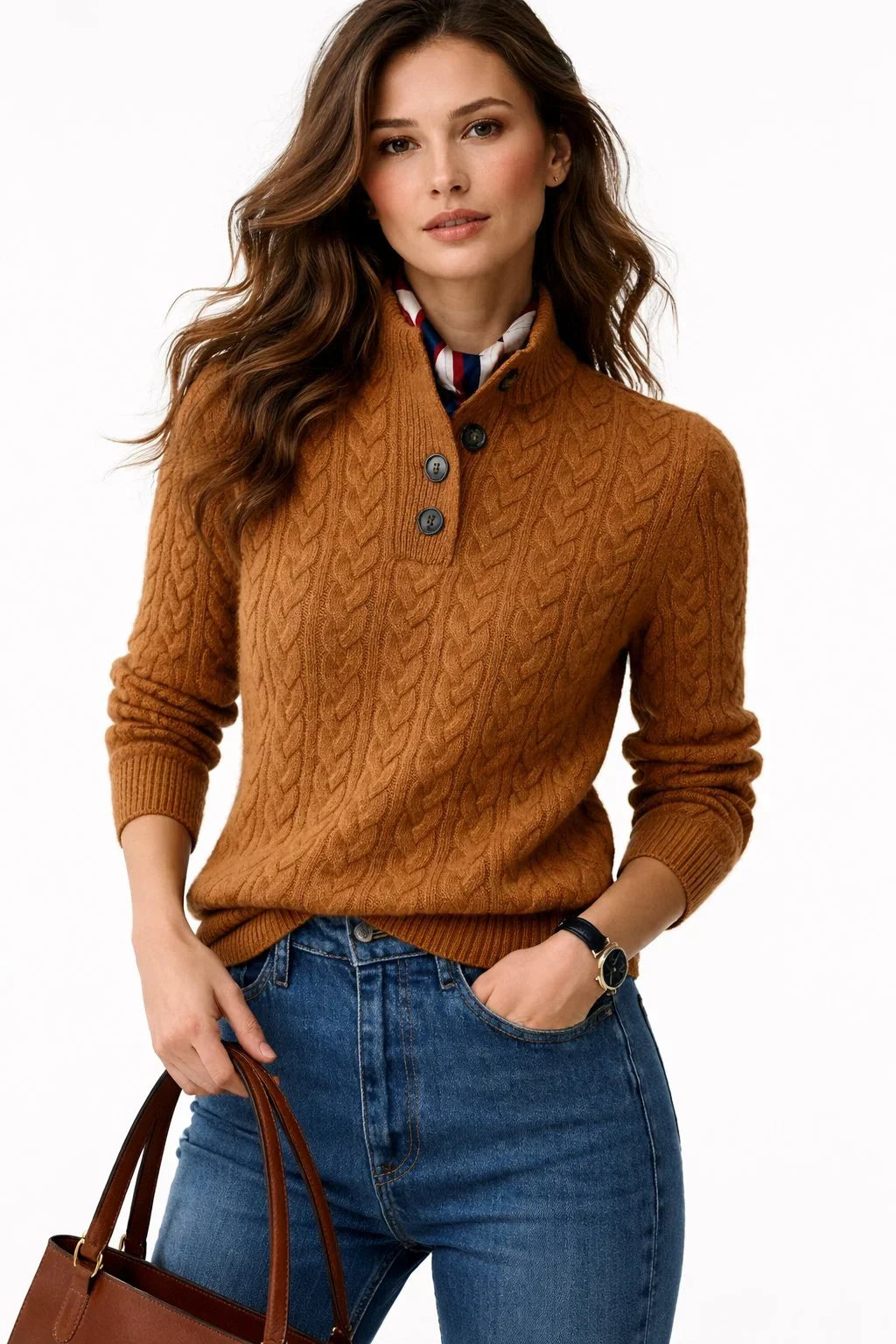 Women's cable knit button-neck wool blend pullover sweater – Brown