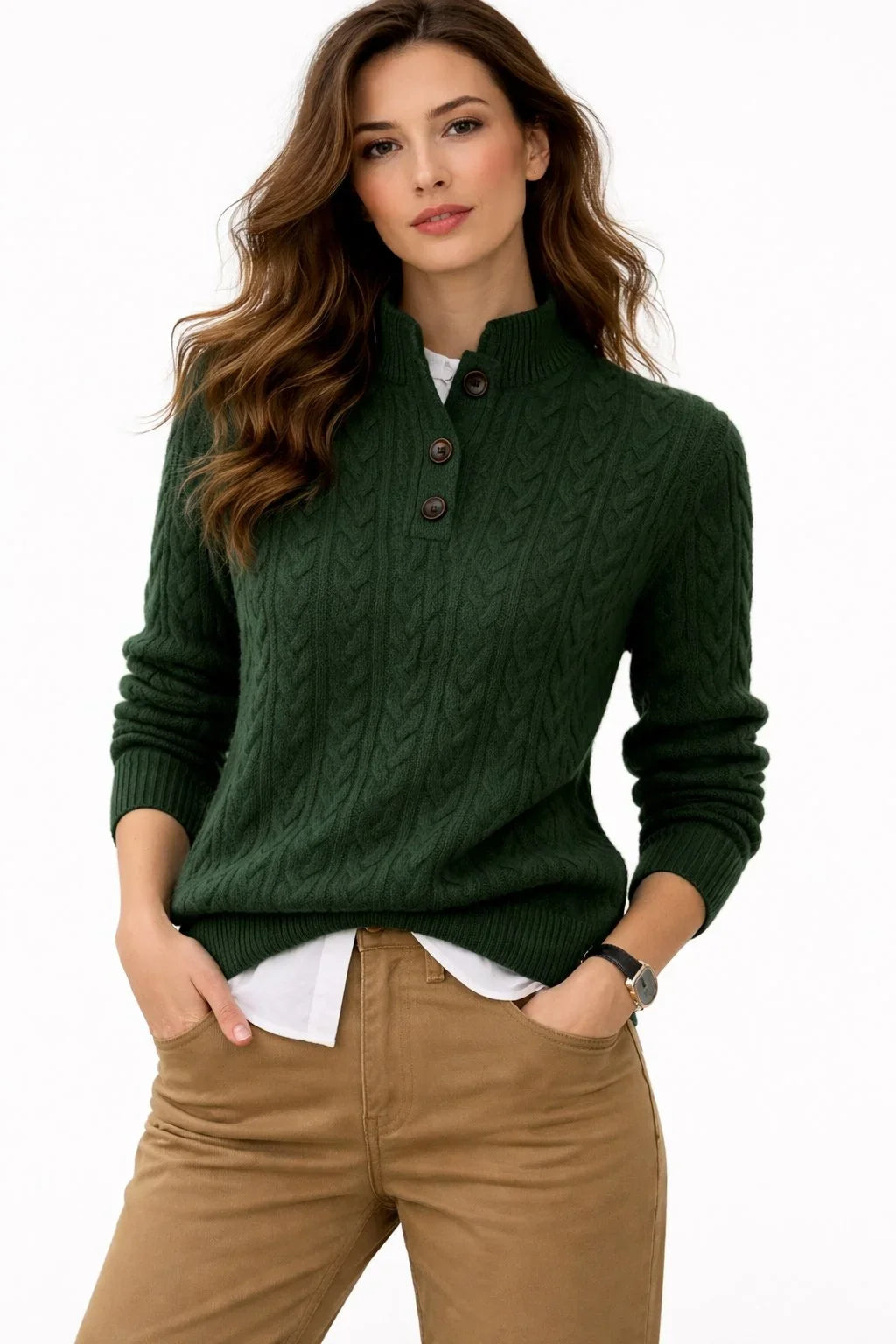 Women's cable knit button-neck wool blend pullover sweater – Green