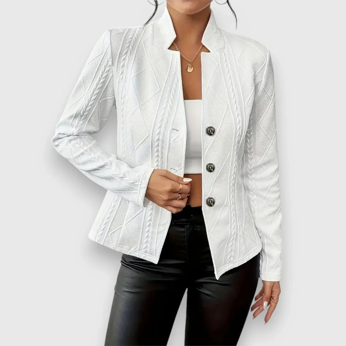 Women's cable-knit mock-neck long-sleeve fitted sweater