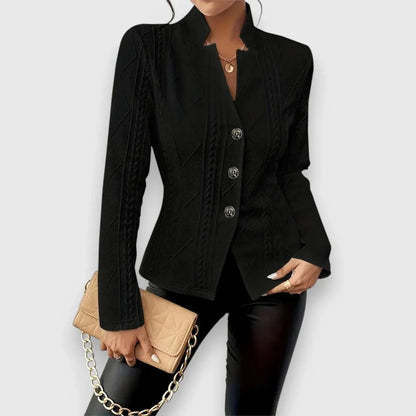 Women's cable-knit mock-neck long-sleeve fitted sweater – Black