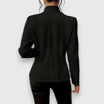 Women's cable-knit mock-neck long-sleeve fitted sweater