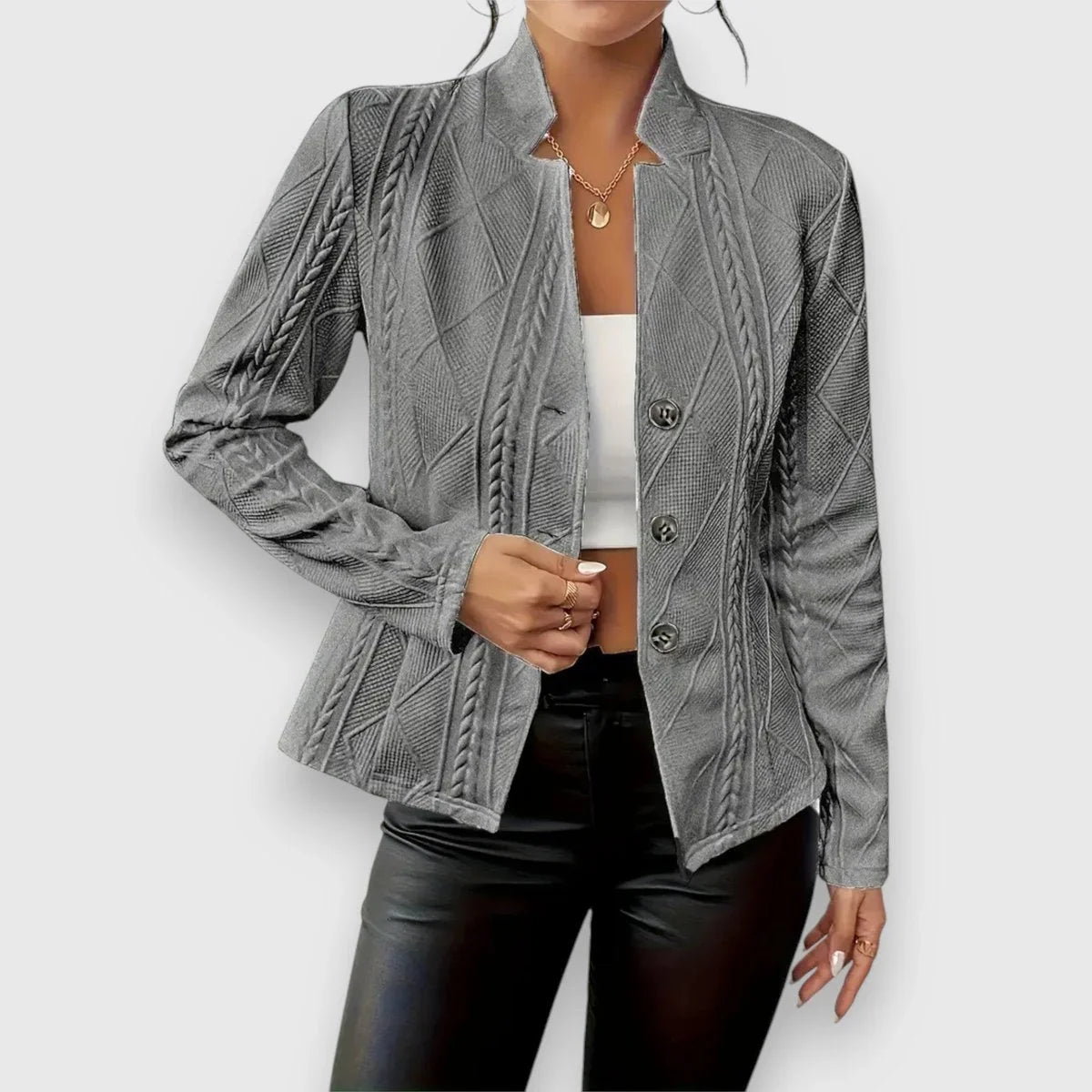 Women's cable-knit mock-neck long-sleeve fitted sweater – Gray