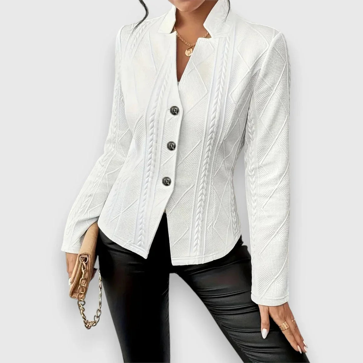 Women's cable-knit mock-neck long-sleeve fitted sweater – White