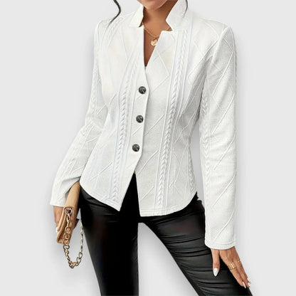 Women's cable-knit mock-neck long-sleeve fitted sweater – White