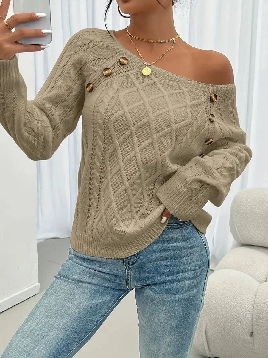 Women's cable knit sweater raglan-sleeve button-detail pullover