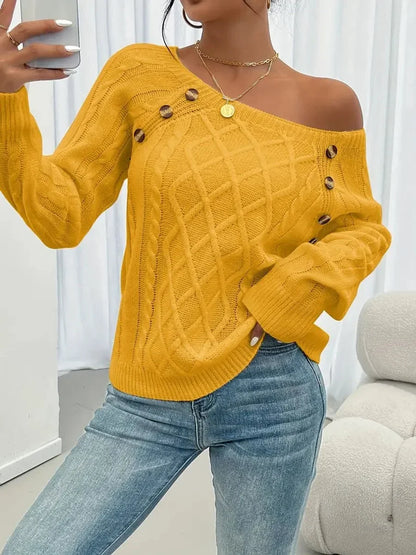 Women's cable knit sweater raglan-sleeve button-detail pullover