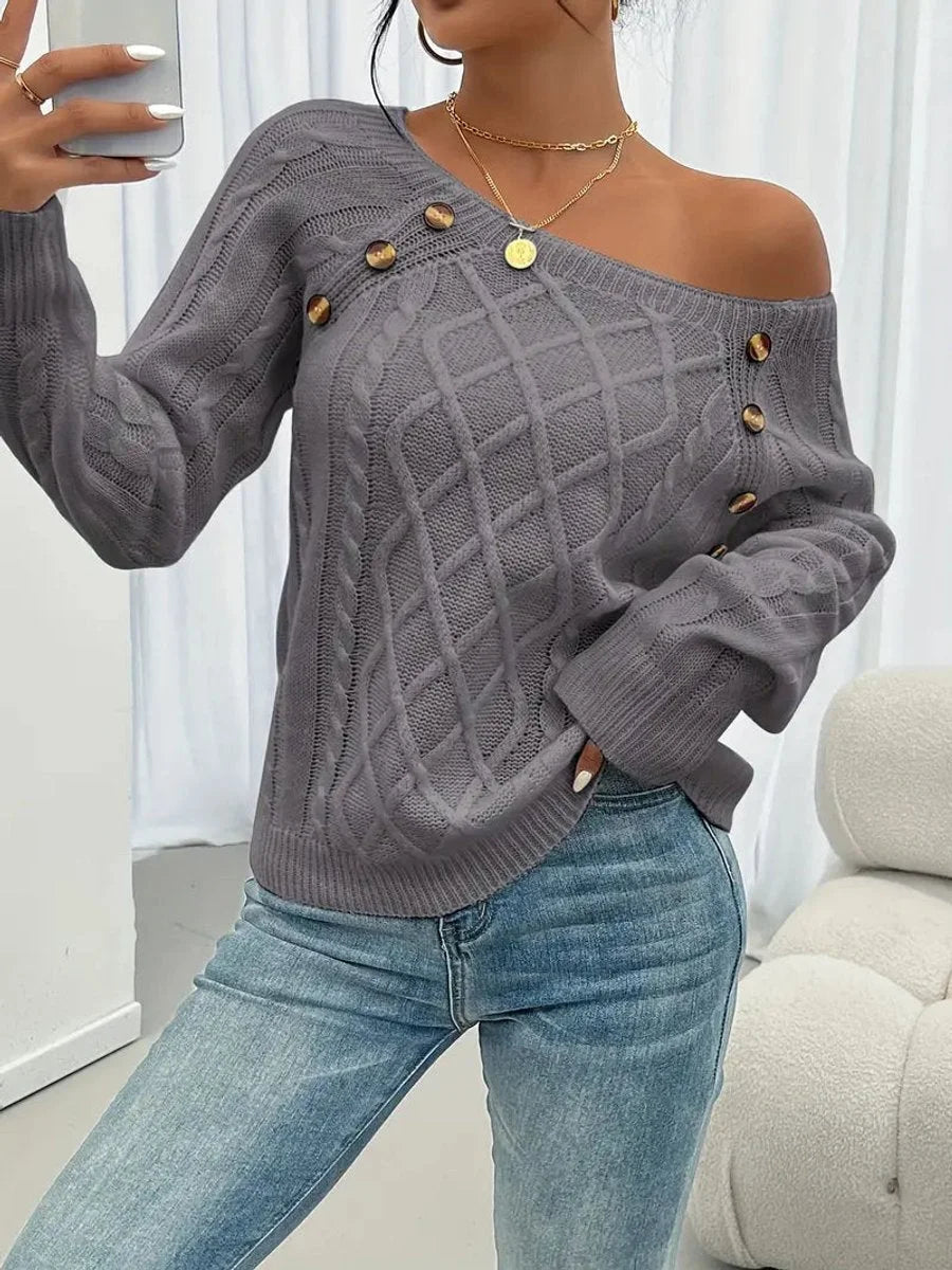 Women's cable knit sweater raglan-sleeve button-detail pullover