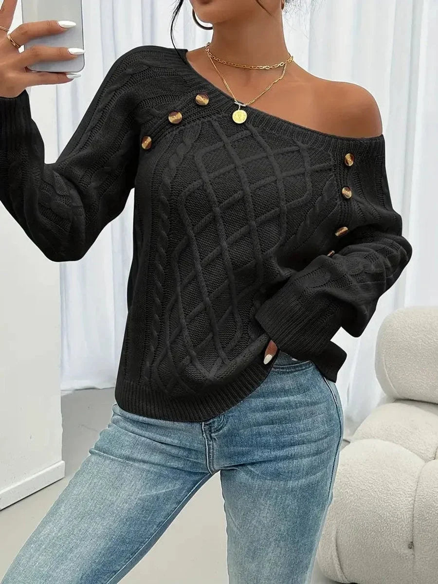 Women's cable knit sweater raglan-sleeve button-detail pullover